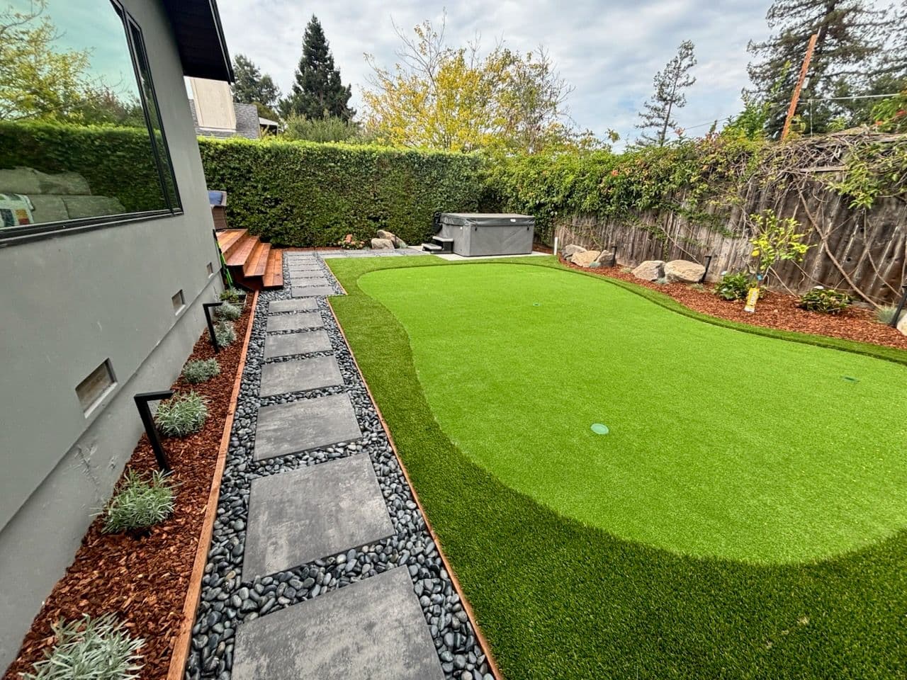 Backyard Oasis with Artificial Turf and Stepping Stone Installation image