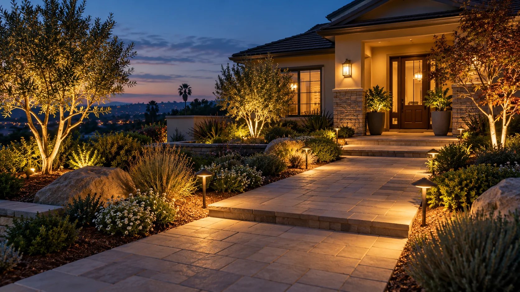 Warm low-voltage path lights and tree uplights installed along a residential paver walkway
