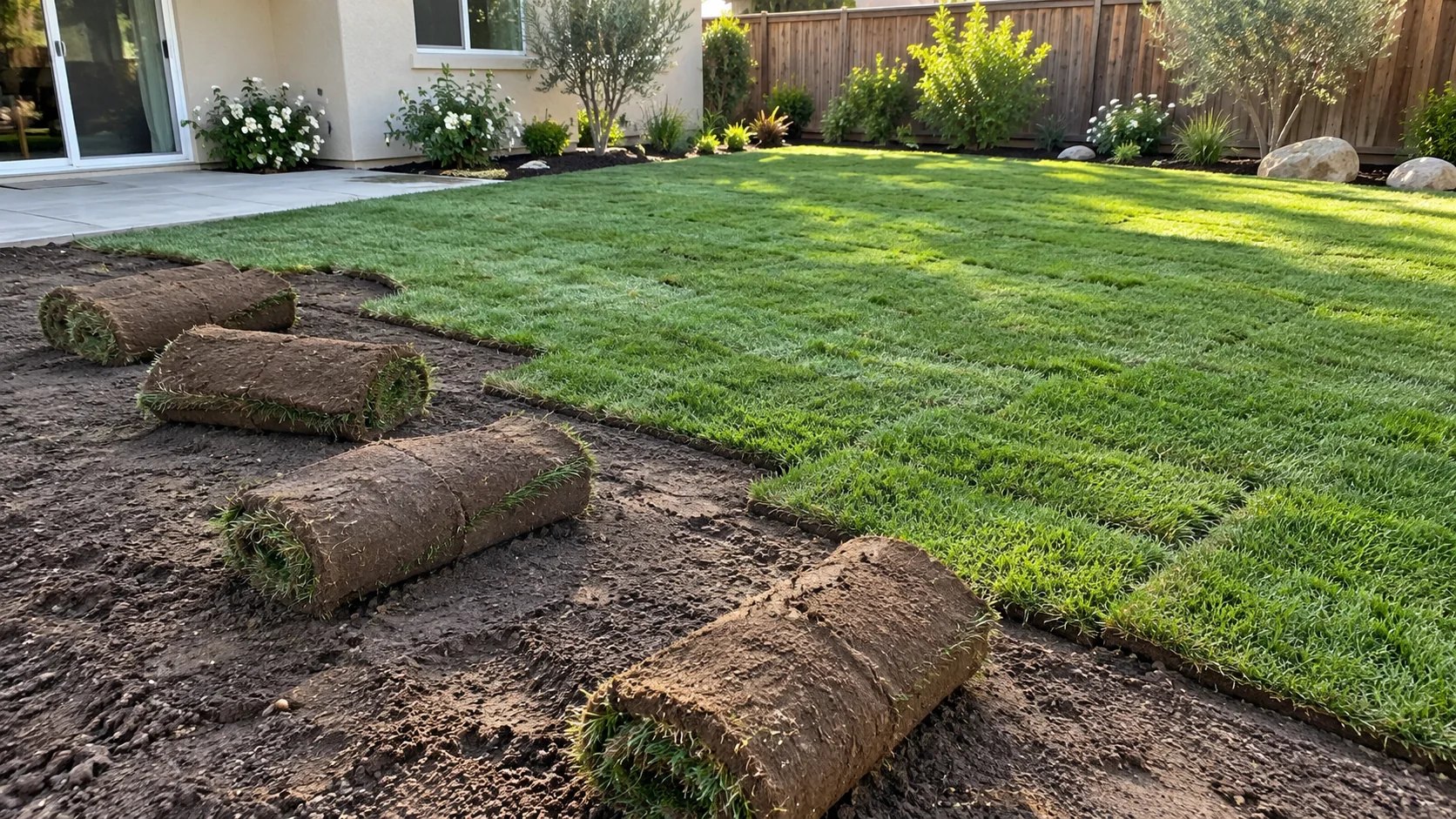 Natural sod lawn installation showing fresh grass rolls, prepared soil and staggered seams