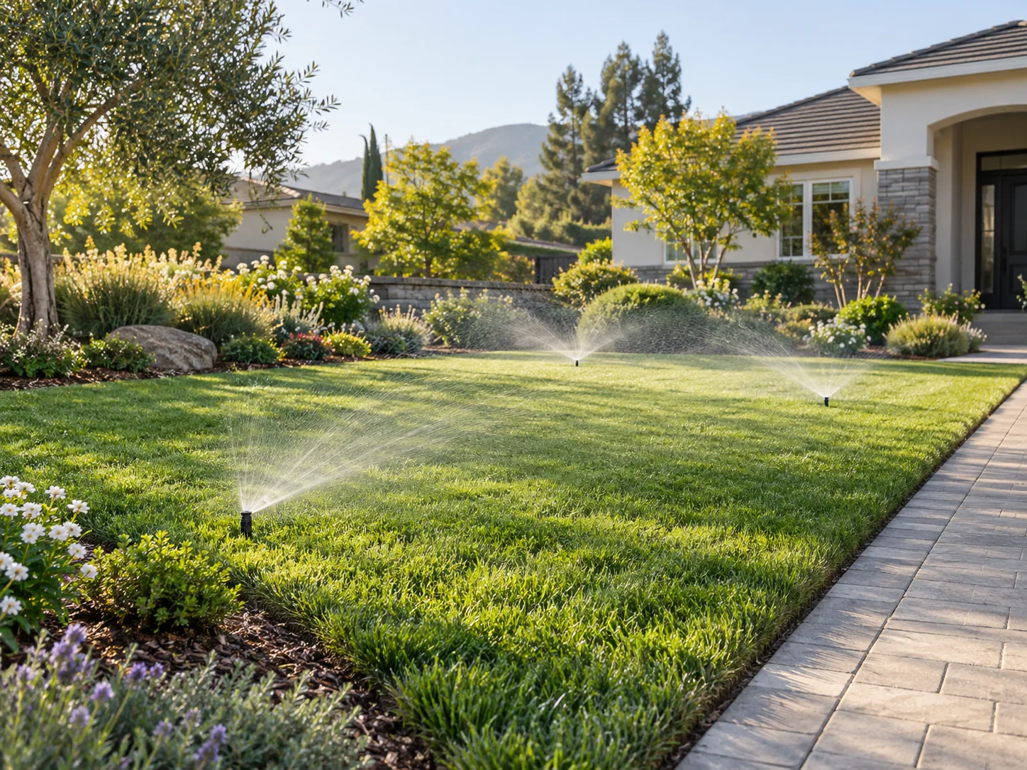 Residential lawn sprinkler irrigation system operating with even water coverage in Sunnyvale, California