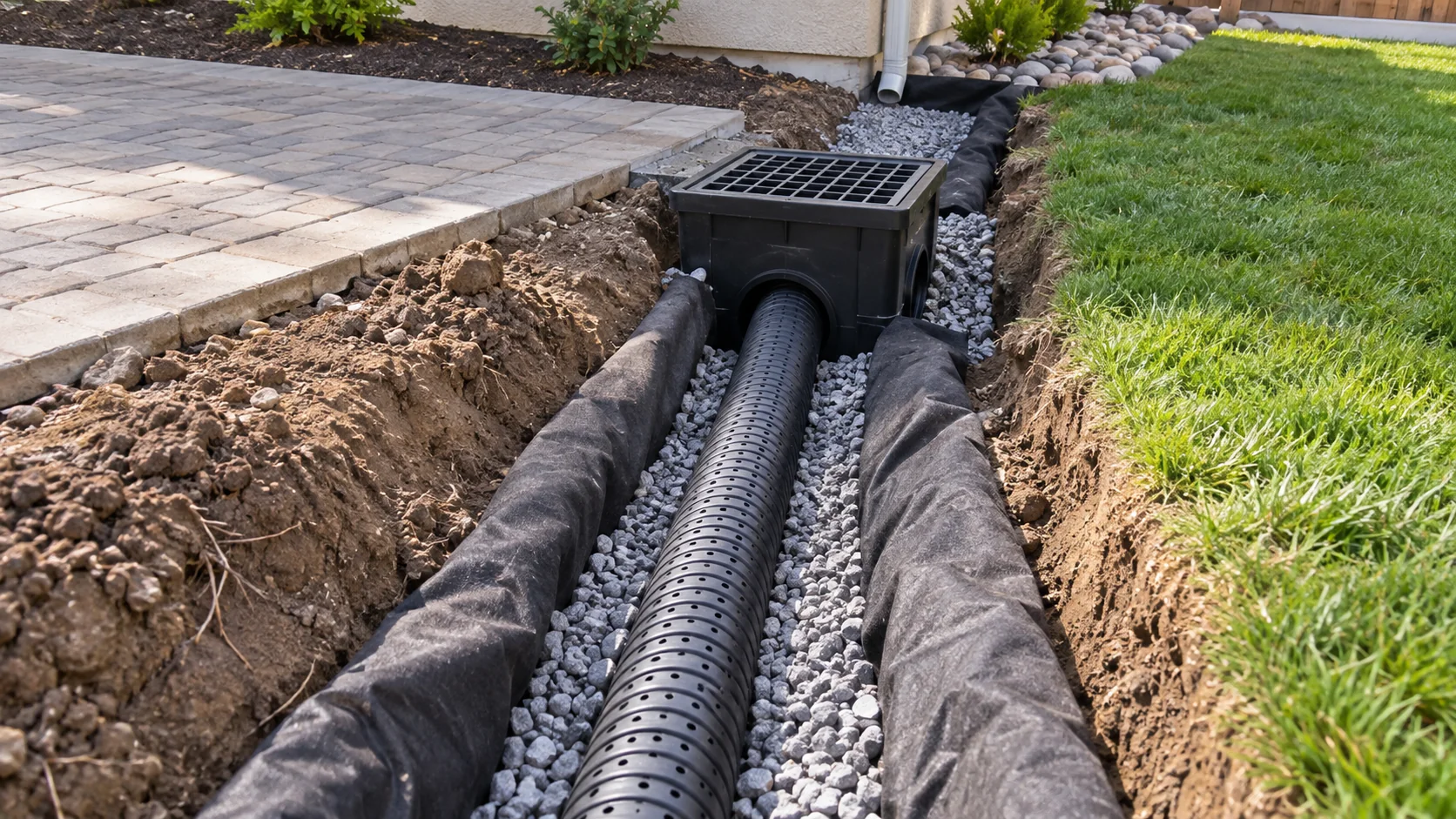 Residential drainage installation with catch basin, perforated pipe, gravel and filter fabric